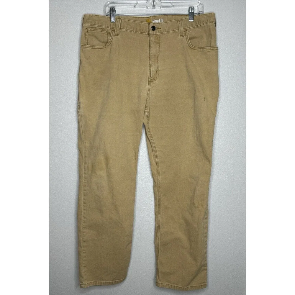 Carhartt Relaxed Fit Pants Size 38 x 30 Khaki Canvas 5‎ Pocket Workwear Rancher